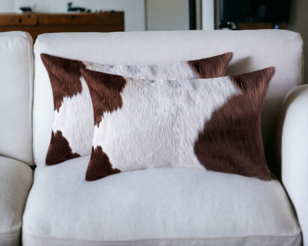 Homeroots Set Of Two 12" X 20" Brown And White Genuine Cowhide Throw Pillows White,Brown  317290