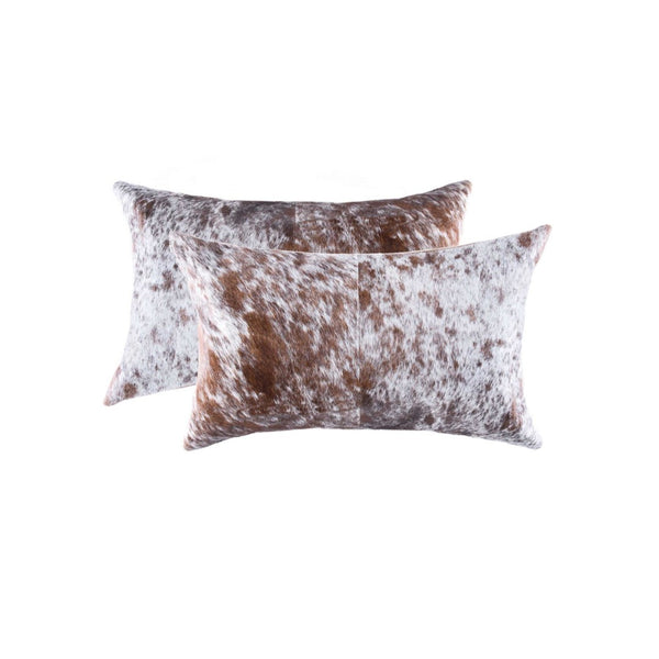 HomeRoots Set of Two Luxurious Cowhide Lumbar Throw Pillows for Elegant Home Décor and Comfort Salt/Pepper Brown/White 317291