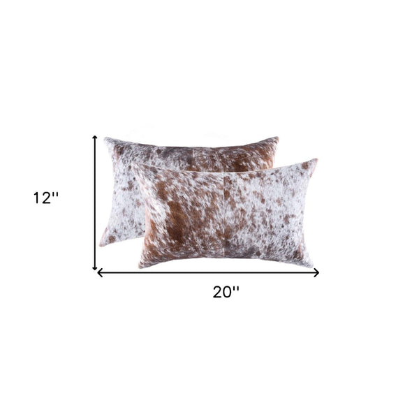 HomeRoots Set of Two Luxurious Cowhide Lumbar Throw Pillows for Elegant Home Décor and Comfort Salt/Pepper Brown/White 317291