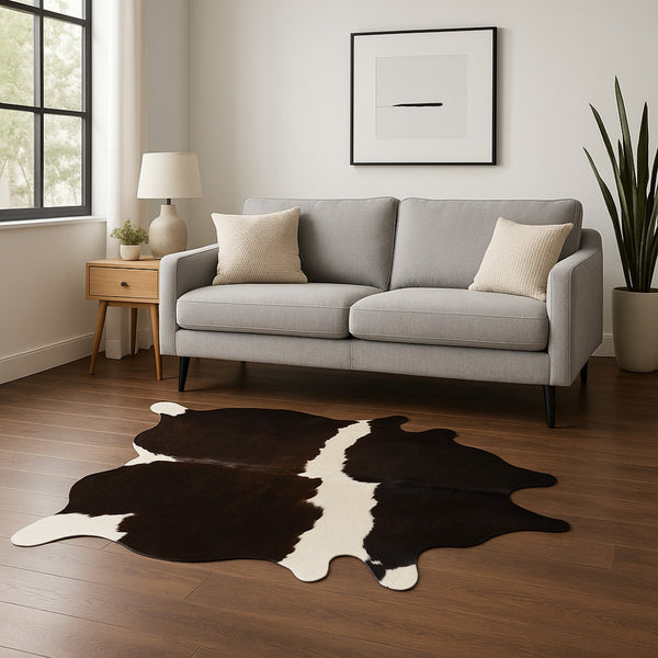 HomeRoots 5' X 7' Cowhide Area Rug – Stylish Rustic Elegance for Modern Living Rooms and Cozy Bedrooms Chocolate/White 317323