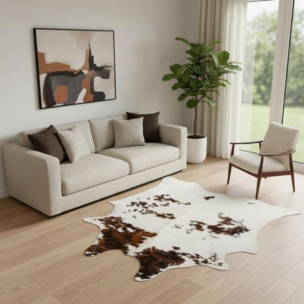 HomeRoots 5' X 7' Cowhide Area Rug – Stylish Rustic Elegance for Modern Living Rooms and Cozy Bedrooms Tricolor 317338