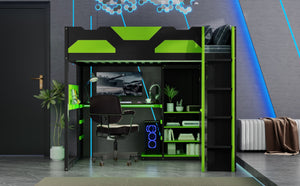 English Elm Full Size Loft Bed with Rgb Lighting Usb Charging Desk Wardrobe and Storage Shelves Green LT000387AAF