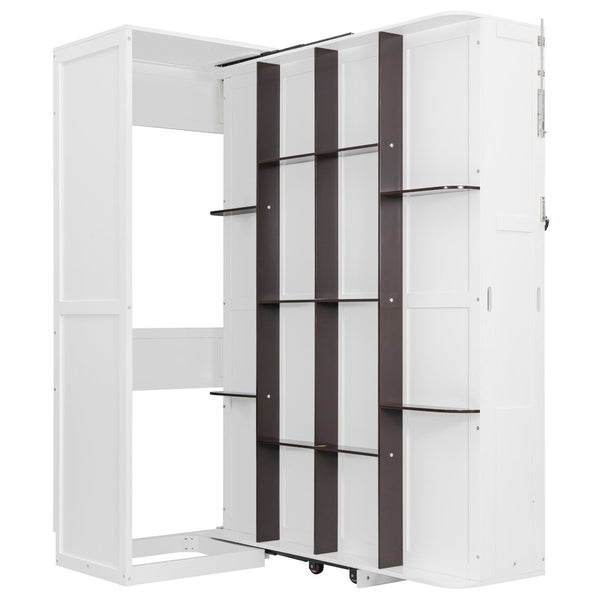 English Elm Rotating Queen Murphy Wall Bed with 14 Open Shelves Hydraulic Lift Space Saving White LP000962AAK
