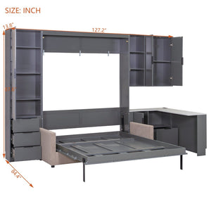English Elm Queen Murphy Wall Bed Hydraulic Lift Velvet Sofa Built-in Shelves Led Studio Unit Dark Gray LP000392AAE