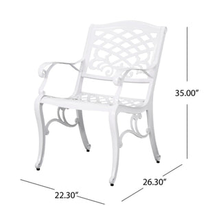 English Elm Phoenix Cast Aluminum Outdoor Dining Arm Chairs Ornate Lattice Scroll Garden Patio Set White N776P381164W
