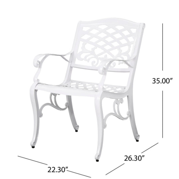 English Elm Phoenix Cast Aluminum Outdoor Dining Arm Chairs Ornate Lattice Scroll Garden Patio Set White N776P381164W