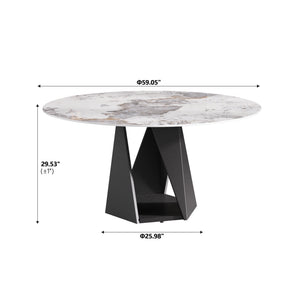 English Elm 59.05" Round Marble Dining Table With Sturdy Black Iron Base For 6-8 People - Modern Elegance W1535S00467