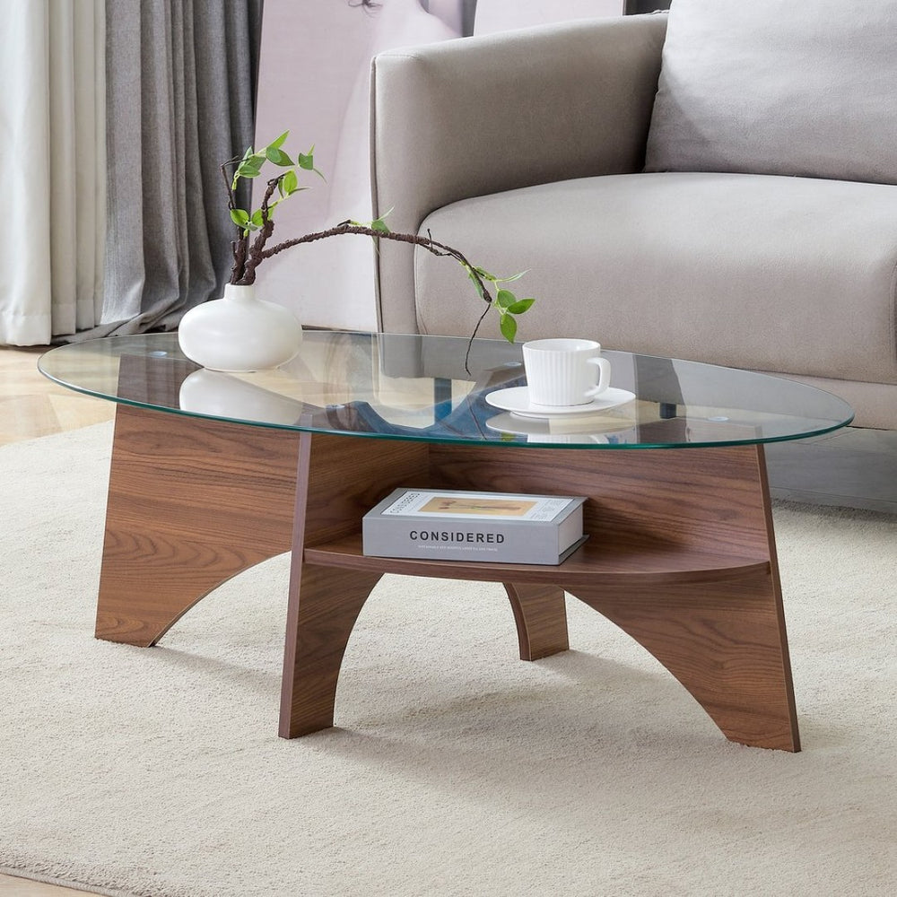 English Elm Oval Tempered Glass Coffee Table with Wood Grain Legs and Built-in Fan Tray Shelf W1151P256008