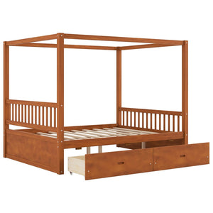 English Elm Wooden Canopy Queen Bed Solid Frame with Built-in Storage Drawers Slatted Base Walnut N7090005036L