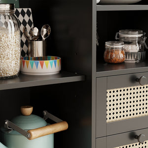 English Elm Rattan Cane Front Sideboard with Drawers Adjustable Shelf Bohemian Storage Cabinet Black T3623P434723