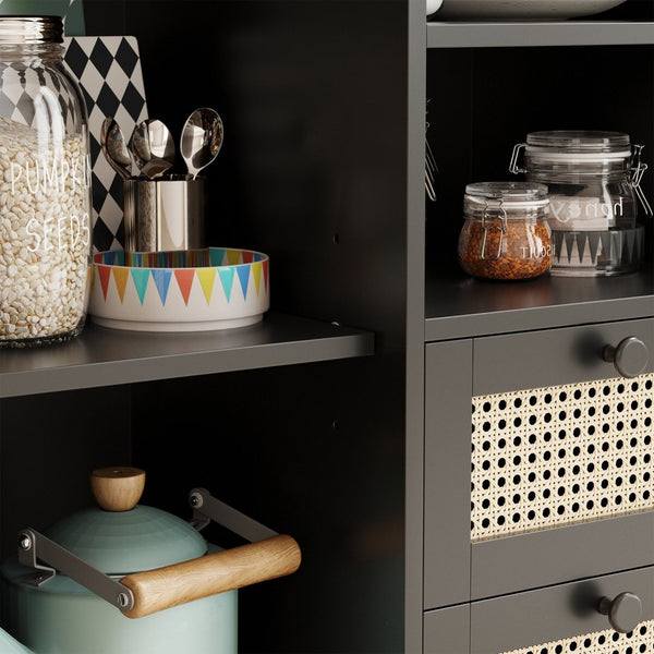 English Elm Rattan Cane Front Sideboard with Drawers Adjustable Shelf Bohemian Storage Cabinet Black T3623P434723