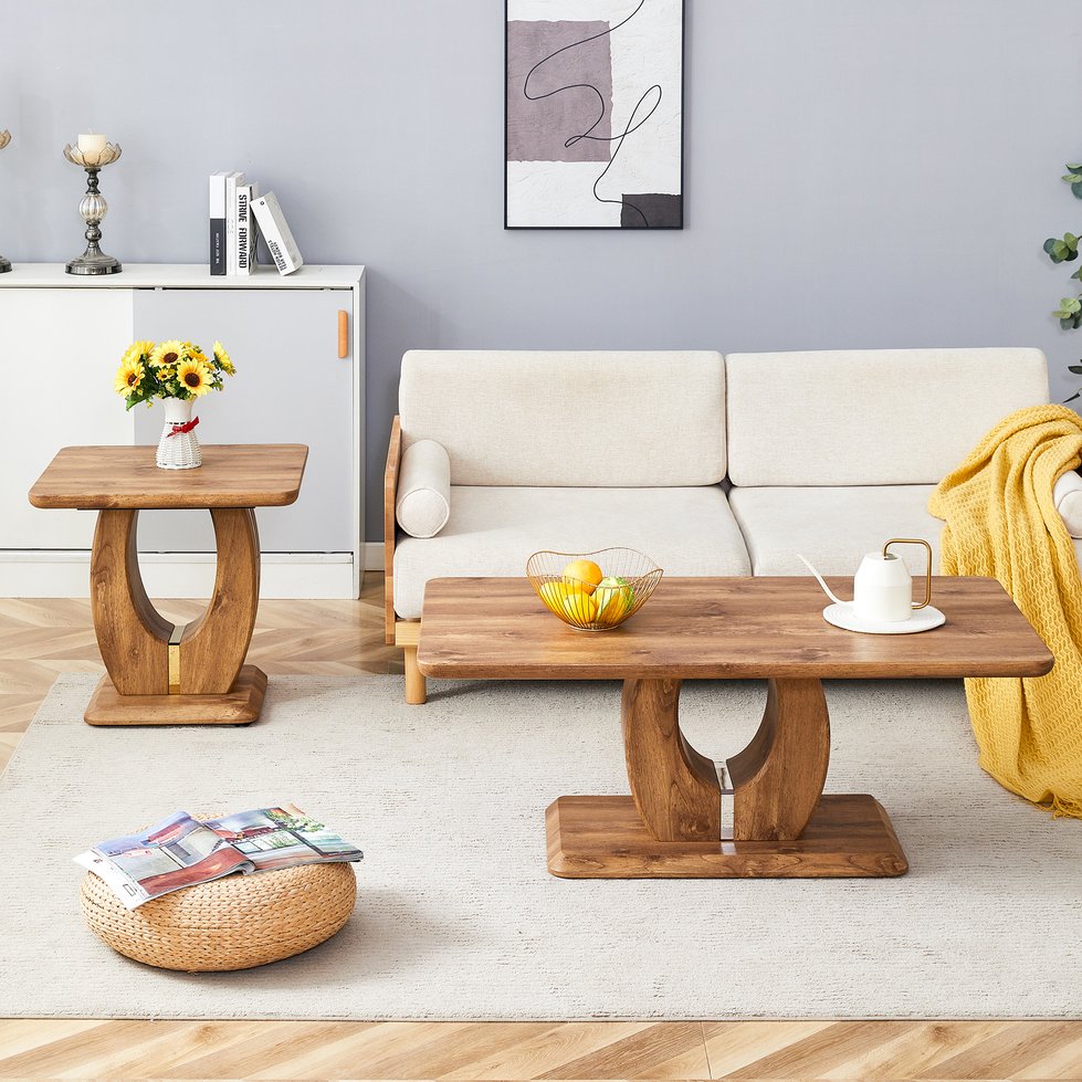 English Elm Modern Minimalist Wood-Tone Mdf Coffee Table Set - Stylish Square & Rectangular Design For Your Home W1151S01848