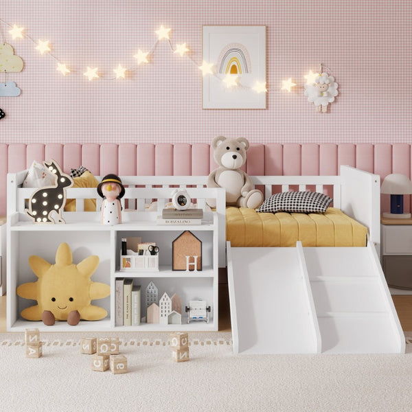 English Elm Twin Low Loft Kids Bed with Fun Slide Climbing Structure and Movable Bookshelf White W2593P437109
