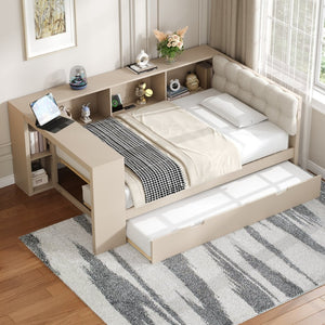 English Elm Wood Twin Platform Bed Linen Headboard Storage Shelves Trundle Charging Station Cream N709P004023C