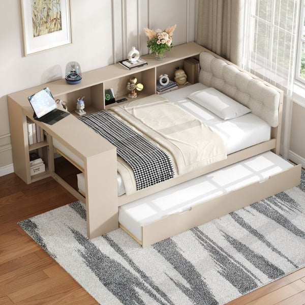 English Elm Wood Twin Platform Bed Linen Headboard Storage Shelves Trundle Charging Station Cream N709P004023C