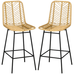 English Elm HOMCOM Boho Rattan Counter Stools Set of 2 26" Height Breathable Wicker Seats Steel Frame, Yellow W2225P200469