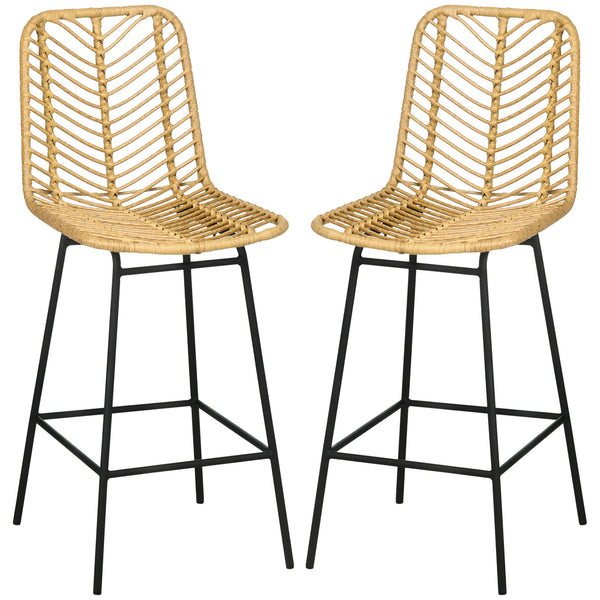 English Elm HOMCOM Boho Rattan Counter Stools Set of 2 26" Height Breathable Wicker Seats Steel Frame, Yellow W2225P200469