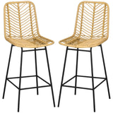 English Elm Homcom Rattan Bar Stools Set Of 2, 26" Counter Height Barstools, Boho Kitchen Island Stools With Breathable Wicker Seat and Back, Yellow