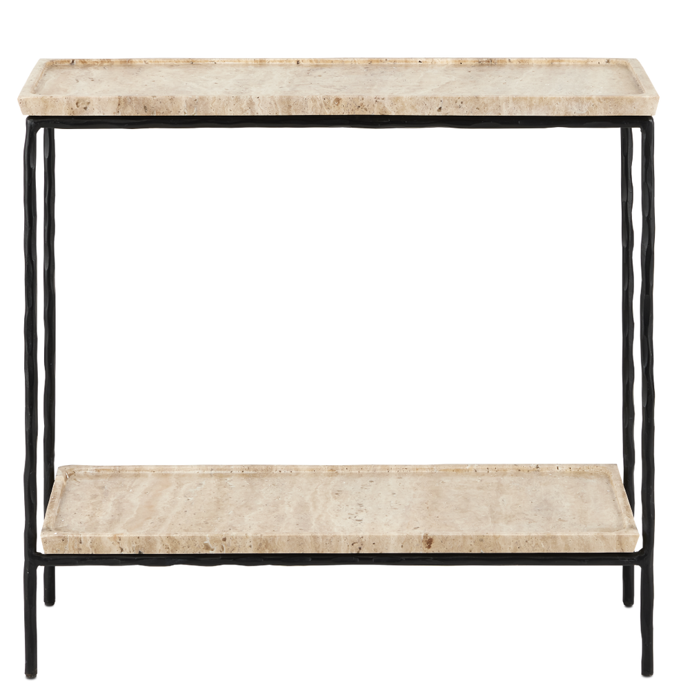Boyles Modern Travertine Side Table with Unique Pitted Design & Black Forged Iron Base - 21.5" High