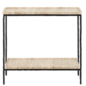 Boyles Modern Travertine Side Table with Unique Pitted Design & Black Forged Iron Base - 21.5" High