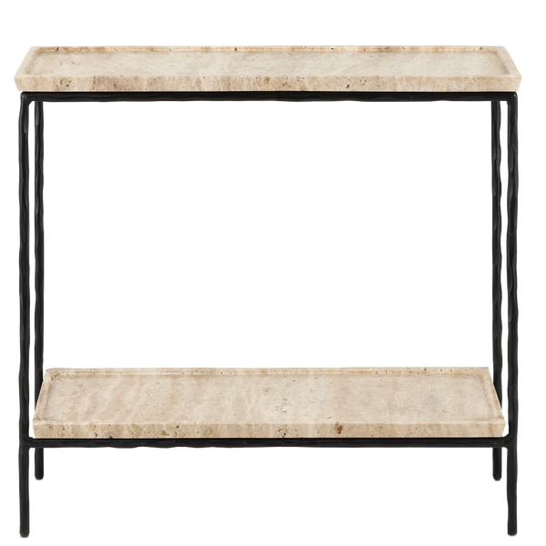 Boyles Modern Travertine Side Table with Unique Pitted Design & Black Forged Iron Base - 21.5" High