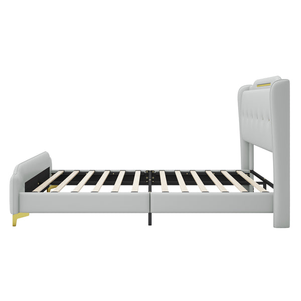 English Elm Christopher Knight Home® - Queen PU Leather Bed with Wingback Headboard & Footboard, Gold Accent Platform, 12 Slats, Sturdy Support Grey 64 L x 21 W x 9.25 H N761P205938H