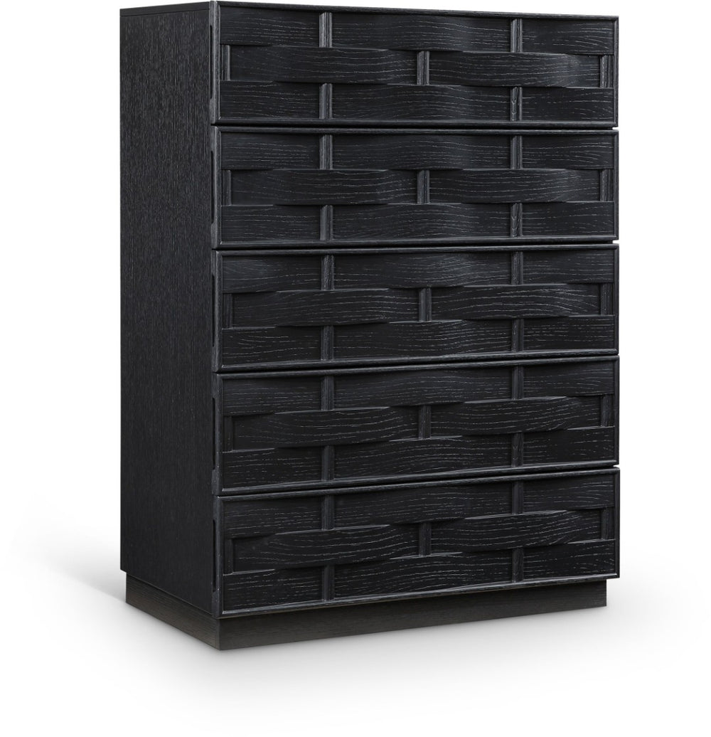 Meridian Furniture Weave Oak Veneer Art Deco Chest with Sculptural Relief Drawer Fronts for Bedroom Storage Black 317Black-CH