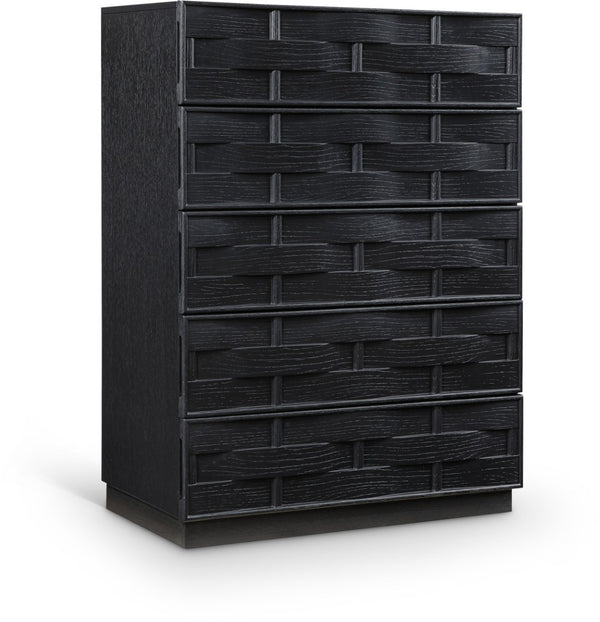 Meridian Furniture Weave Oak Veneer Art Deco Chest with Sculptural Relief Drawer Fronts for Bedroom Storage Black 317Black-CH