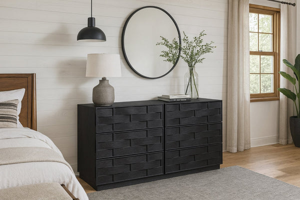 Meridian Furniture Weave Oak Veneer Dresser with Art Deco Woven Relief Texture for Bold Bedroom Storage Black 317Black-D