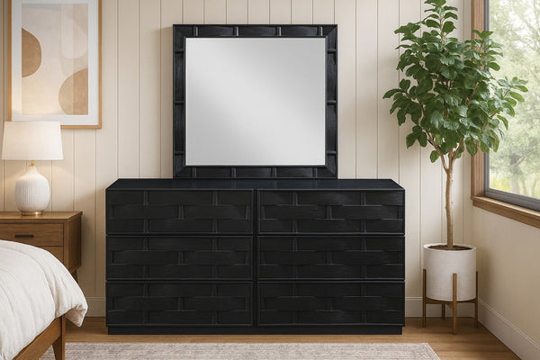 Meridian Furniture Weave Oak Veneer Wall Mirror with Art Deco Woven Frame for Entryway or Living Room Decor Black 317Black-M