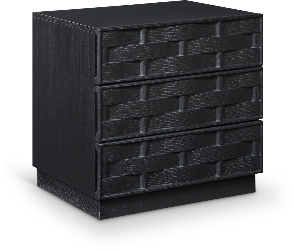 Meridian Furniture Weave Art Deco Oak Veneer Nightstand with Sculptural Lattice Texture for Modern Bedroom Storage Black 317Black-NS