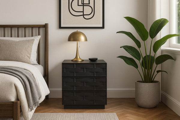 Meridian Furniture Weave Art Deco Oak Veneer Nightstand with Sculptural Lattice Texture for Modern Bedroom Storage Black 317Black-NS