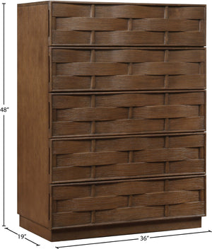 Meridian Furniture Weave Oak Veneer Art Deco Chest with Sculptural Relief Drawer Fronts for Bedroom Storage Brown 317Brown-CH