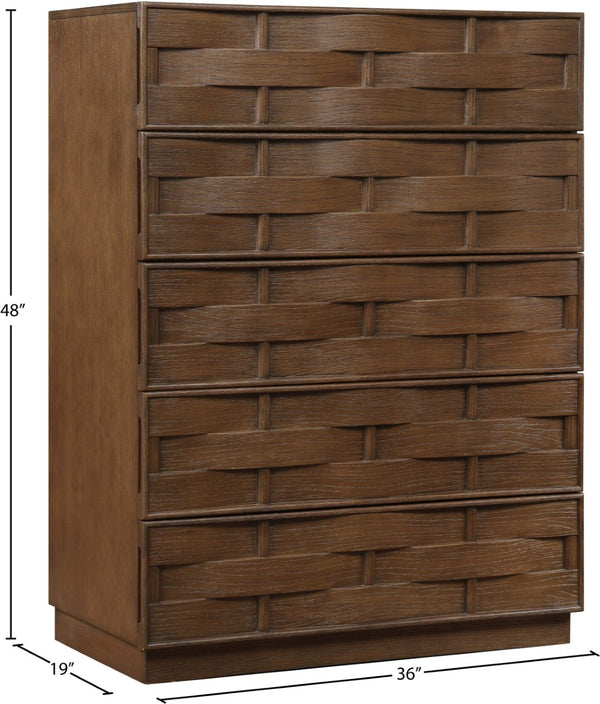 Meridian Furniture Weave Oak Veneer Art Deco Chest with Sculptural Relief Drawer Fronts for Bedroom Storage Brown 317Brown-CH