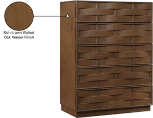Meridian Furniture Weave Oak Veneer Art Deco Chest with Sculptural Relief Drawer Fronts for Bedroom Storage Brown 317Brown-CH