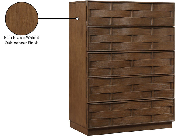 Meridian Furniture Weave Oak Veneer Art Deco Chest with Sculptural Relief Drawer Fronts for Bedroom Storage Brown 317Brown-CH