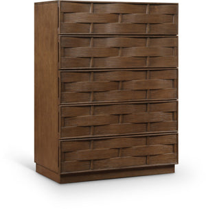 Meridian Furniture Weave Oak Veneer Art Deco Chest with Sculptural Relief Drawer Fronts for Bedroom Storage Brown 317Brown-CH