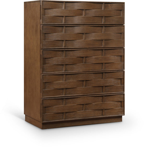 Meridian Furniture Weave Oak Veneer Art Deco Chest with Sculptural Relief Drawer Fronts for Bedroom Storage Brown 317Brown-CH