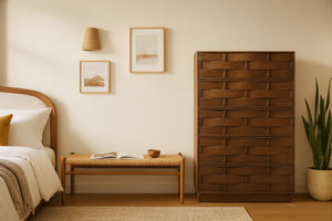 Meridian Furniture Weave Oak Veneer Art Deco Chest with Sculptural Relief Drawer Fronts for Bedroom Storage Brown 317Brown-CH