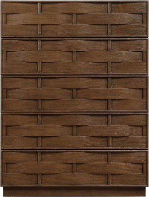 Meridian Furniture Weave Oak Veneer Art Deco Chest with Sculptural Relief Drawer Fronts for Bedroom Storage Brown 317Brown-CH