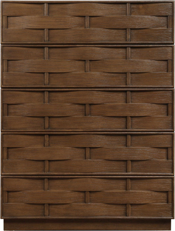 Meridian Furniture Weave Oak Veneer Art Deco Chest with Sculptural Relief Drawer Fronts for Bedroom Storage Brown 317Brown-CH