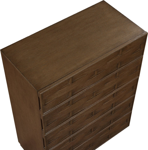 Meridian Furniture Weave Oak Veneer Art Deco Chest with Sculptural Relief Drawer Fronts for Bedroom Storage Brown 317Brown-CH
