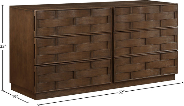 Meridian Furniture Weave Oak Veneer Dresser with Art Deco Woven Relief Texture for Bold Bedroom Storage Brown 317Brown-D