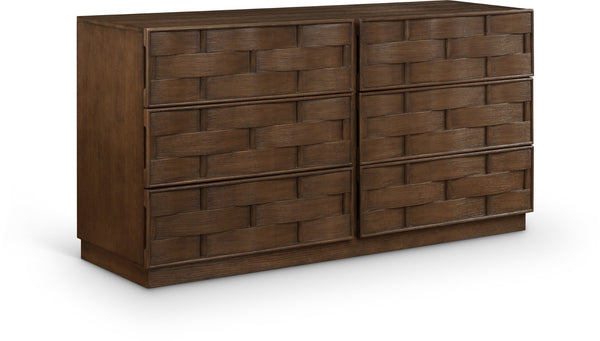 Meridian Furniture Weave Oak Veneer Dresser with Art Deco Woven Relief Texture for Bold Bedroom Storage Brown 317Brown-D