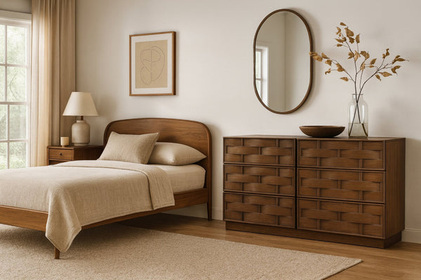 Meridian Furniture Weave Oak Veneer Dresser with Art Deco Woven Relief Texture for Bold Bedroom Storage Brown 317Brown-D