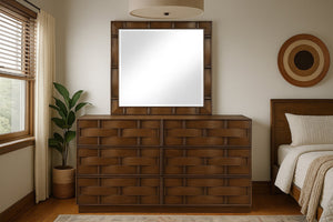Meridian Furniture Weave Oak Veneer Wall Mirror with Art Deco Woven Frame for Entryway or Living Room Decor Brown 317Brown-M