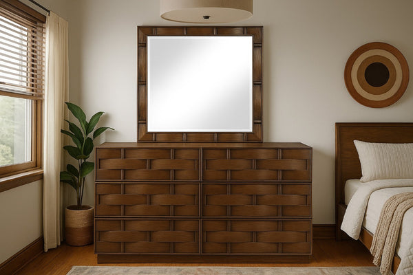 Meridian Furniture Weave Oak Veneer Wall Mirror with Art Deco Woven Frame for Entryway or Living Room Decor Brown 317Brown-M