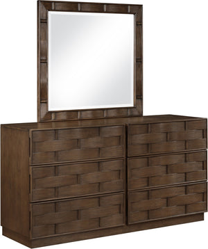 Meridian Furniture Weave Oak Veneer Wall Mirror with Art Deco Woven Frame for Entryway or Living Room Decor Brown 317Brown-M