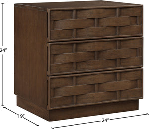 Meridian Furniture Weave Art Deco Oak Veneer Nightstand with Sculptural Lattice Texture for Modern Bedroom Storage Brown 317Brown-NS