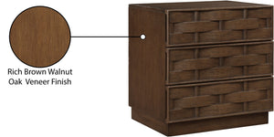 Meridian Furniture Weave Art Deco Oak Veneer Nightstand with Sculptural Lattice Texture for Modern Bedroom Storage Brown 317Brown-NS